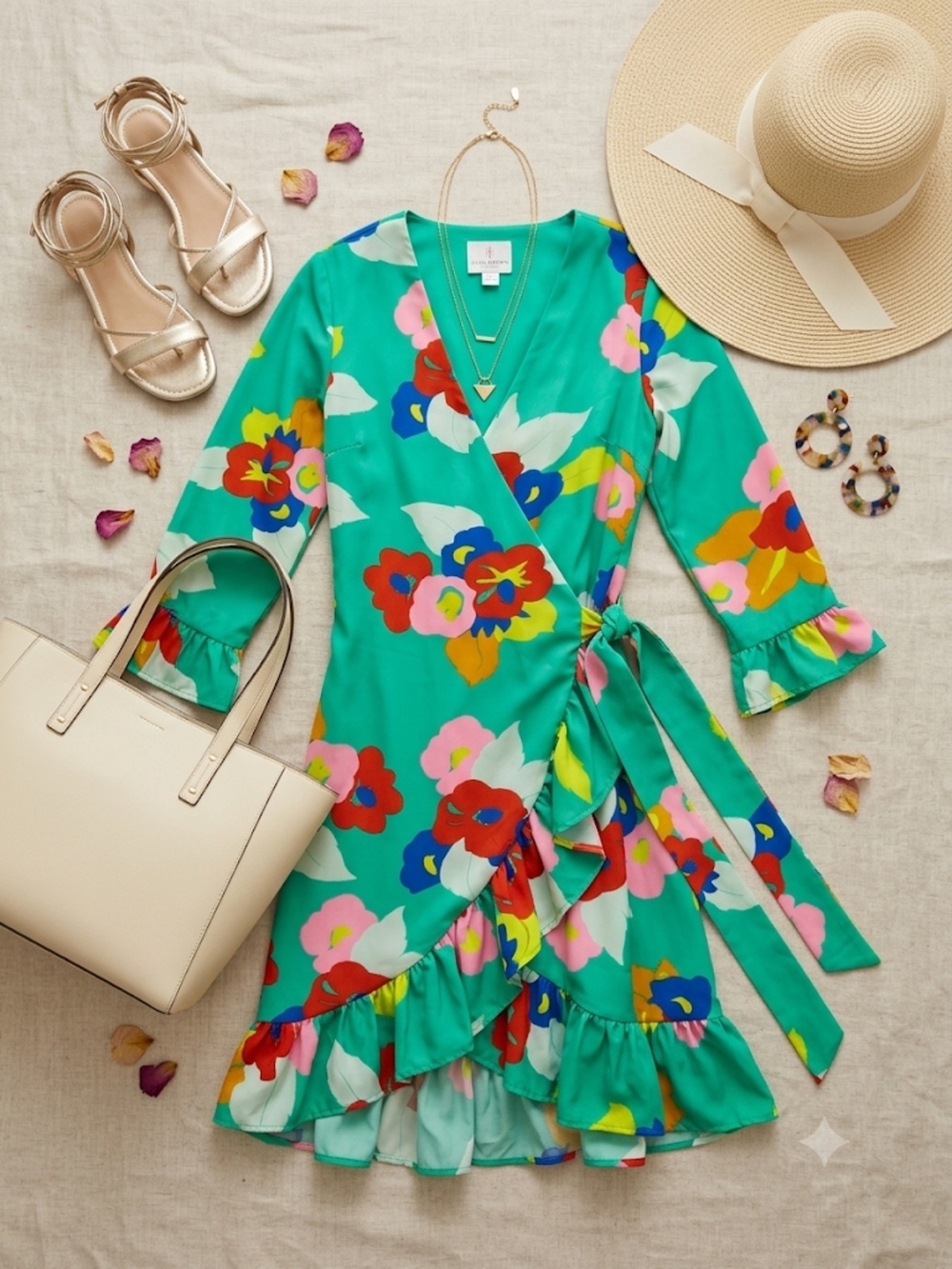 EUC Julie Brown Vibrant Green Floral 3/4 Sleeve Wrap Dress w/Ruffled Hemline, S